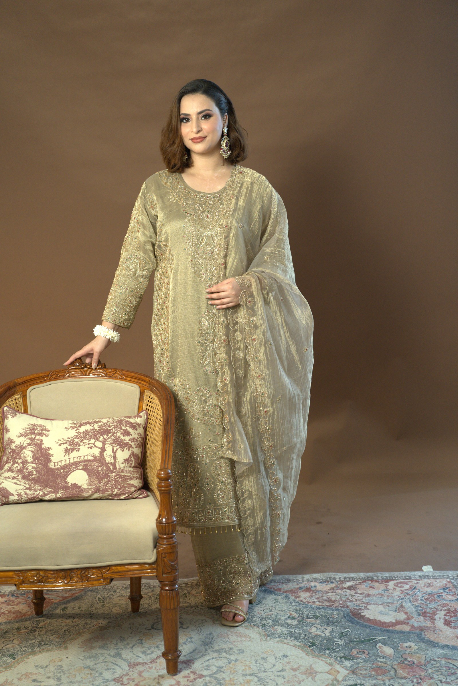 Olive-gold embroidered suit